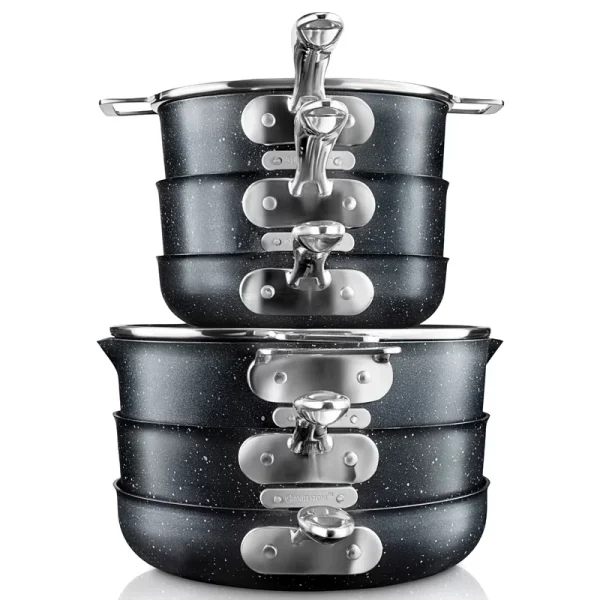 10 Piece Cookware Set, Triple Layer Nonstick Granite Stone with Diamond infused Coating, Dishwasher Oven Safe, Non-Toxic Pots and Pans, Large, Black - Image 4