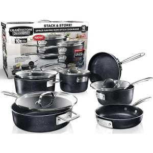 10 Piece Cookware Set, Triple Layer Nonstick Granite Stone with Diamond infused Coating, Dishwasher Oven Safe, Non-Toxic Pots and Pans, Large, Black