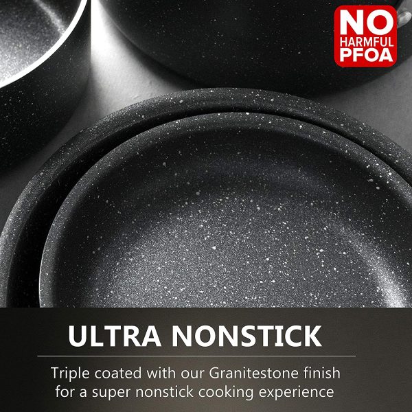 10 Piece Cookware Set, Triple Layer Nonstick Granite Stone with Diamond infused Coating, Dishwasher Oven Safe, Non-Toxic Pots and Pans, Large, Black - Image 5
