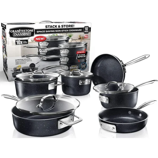 10 Piece Cookware Set, Triple Layer Nonstick Granite Stone with Diamond infused Coating, Dishwasher Oven Safe, Non-Toxic Pots and Pans, Large, Black