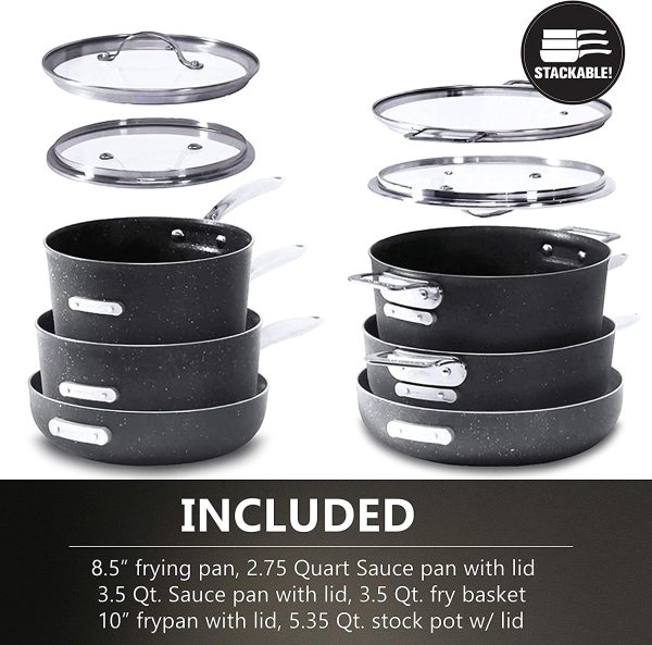 10 Piece Cookware Set, Triple Layer Nonstick Granite Stone with Diamond infused Coating, Dishwasher Oven Safe, Non-Toxic Pots and Pans, Large, Black - Image 8