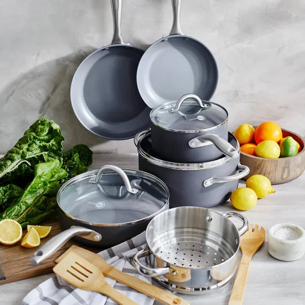Hard Anodized Healthy Ceramic Nonstick 12 Piece Cookware Pots and Pans Set, PFAS-Free, Oven Safe, Gray - Image 3