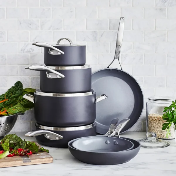 Pro Hard Anodized Healthy Ceramic Nonstick, 11 Piece Cookware Pots and Pans Set with Stainless Steel Lids, PFAS-Free, Dishwasher Safe, Grey - Image 2