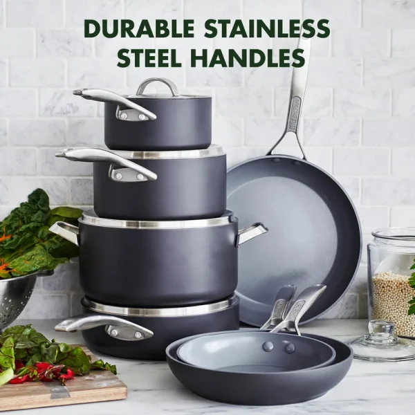 Pro Hard Anodized Healthy Ceramic Nonstick, 11 Piece Cookware Pots and Pans Set with Stainless Steel Lids, PFAS-Free, Dishwasher Safe, Grey - Image 11