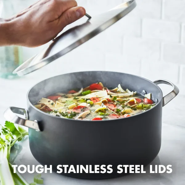 Pro Hard Anodized Healthy Ceramic Nonstick, 11 Piece Cookware Pots and Pans Set with Stainless Steel Lids, PFAS-Free, Dishwasher Safe, Grey - Image 12
