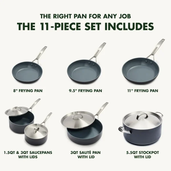 Pro Hard Anodized Healthy Ceramic Nonstick, 11 Piece Cookware Pots and Pans Set with Stainless Steel Lids, PFAS-Free, Dishwasher Safe, Grey - Image 14