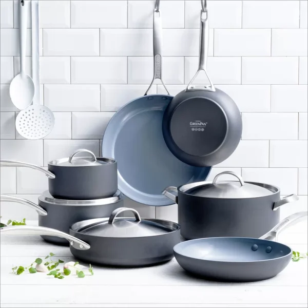 Pro Hard Anodized Healthy Ceramic Nonstick, 11 Piece Cookware Pots and Pans Set with Stainless Steel Lids, PFAS-Free, Dishwasher Safe, Grey - Image 3