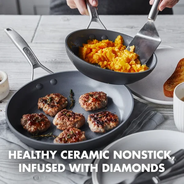 Pro Hard Anodized Healthy Ceramic Nonstick, 11 Piece Cookware Pots and Pans Set with Stainless Steel Lids, PFAS-Free, Dishwasher Safe, Grey - Image 9