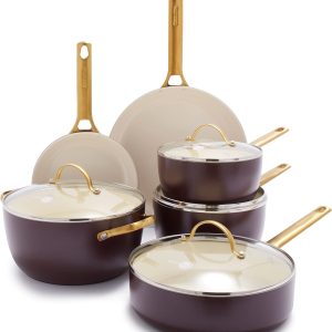 Reserve Hard Anodized Healthy Ceramic Nonstick 10 Piece Cookware Pots and Pans Set, Gold Handle, PFAS-Free, Dishwasher Safe, Oven Safe, Merlot Purple