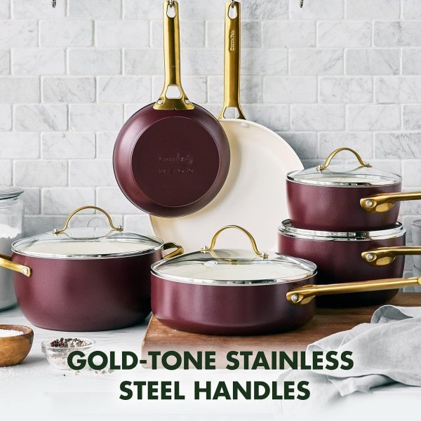 Reserve Hard Anodized Healthy Ceramic Nonstick 10 Piece Cookware Pots and Pans Set, Gold Handle, PFAS-Free, Dishwasher Safe, Oven Safe, Merlot Purple - Image 3