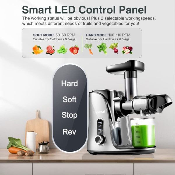 Juicer Machines,Slow Masticating Juicer Extractor, Cold Press Juicer with Two Speed Modes, Travel bottle(500ML),LED display, Easy to Clean Brush   Quiet Motor for Vegetables Fruits,Gray - Image 2