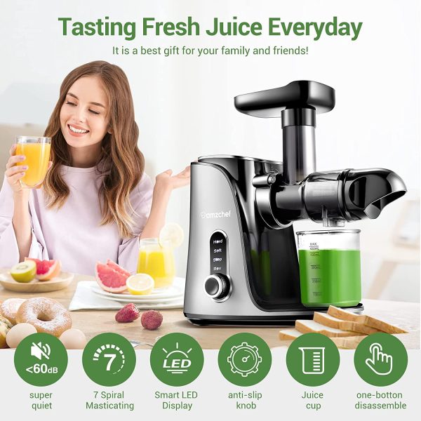 Juicer Machines,Slow Masticating Juicer Extractor, Cold Press Juicer with Two Speed Modes, Travel bottle(500ML),LED display, Easy to Clean Brush   Quiet Motor for Vegetables Fruits,Gray - Image 3
