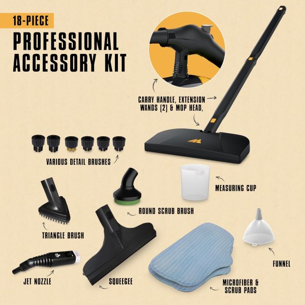 McCulloch MC1275 Heavy-Duty Steam Cleaner with 18 Accessories, Extra-Long Power Cord, Chemical-Free Pressurized Cleaning for Most Floors, Counters, Appliances, Windows, Autos, and More, Yellow/Grey - Image 3