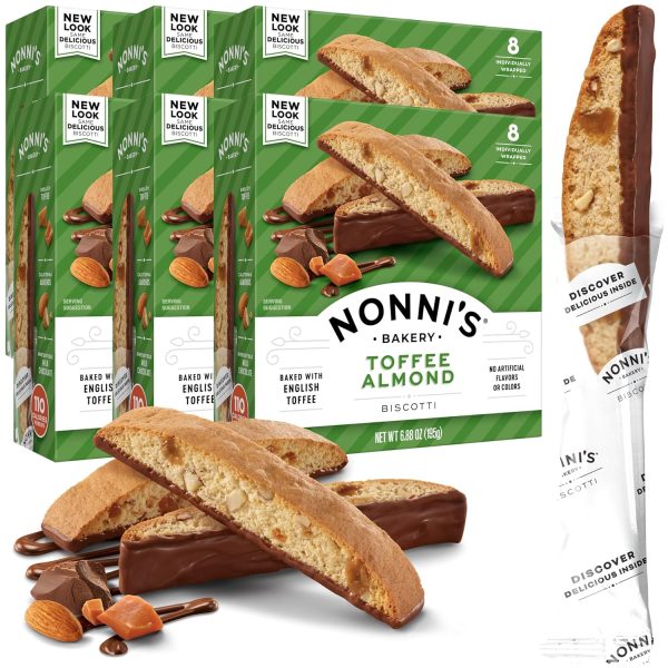 Nonni s Toffee Almond Biscotti Italian Cookies   6 Boxes Biscotti Cookies w/English Toffee Bits   Biscotti Individually Wrapped Cookies Dipped in Milk Chocolate w/Almond Toffee Candy Bits   6.88 oz