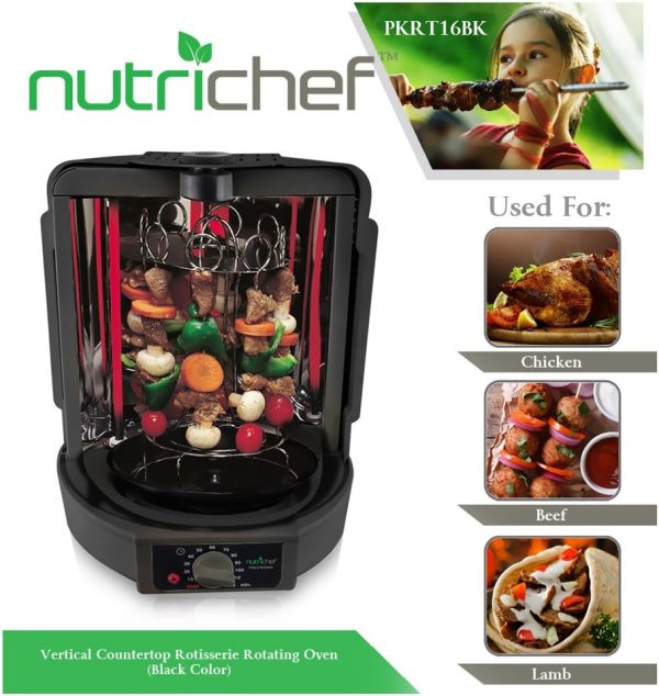 Vertical Countertop Rotisserie Oven Roaster, Rotating Shawarma And Kebab Machine with Skewer and Rack, Basket Tower, Roasting Rack, Poultry Tower, Drip Tray, For Meat Chicken Turkey Lamb - Image 6