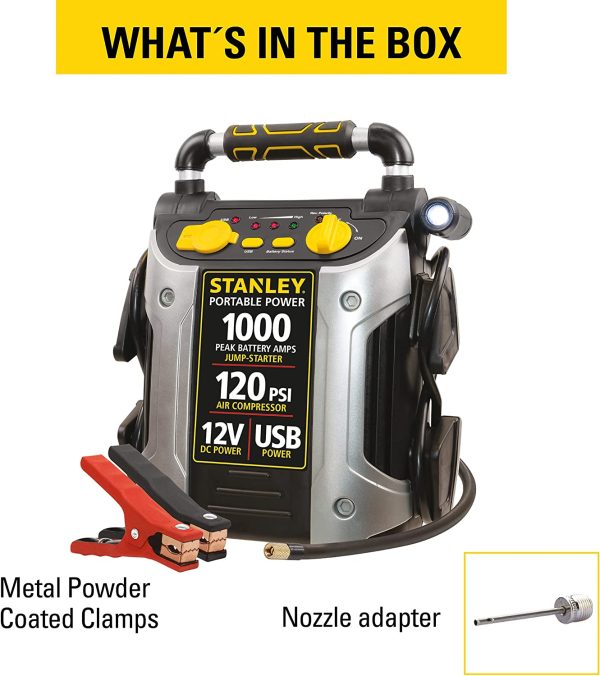 STANLEY J5C09 Portable Power Station Jump Starter 1000 Peak Amp Battery Booster, 120 PSI Air Compressor, USB Port, Battery Clamps - Image 8