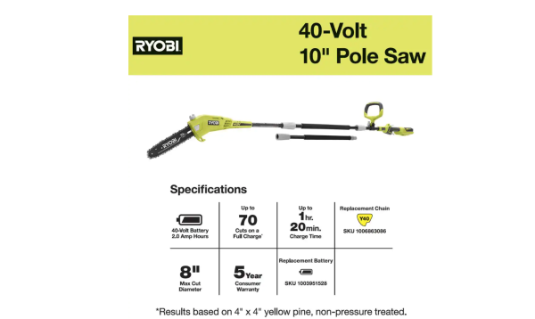 RY40560 40V 10 in. Cordless Battery Pole Saw with 2.0 Ah Battery and Charger - Image 5