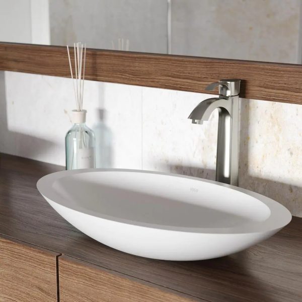 VG04011 Matte Stone Wisteria Composite Oval Vessel Bathroom Sink, White