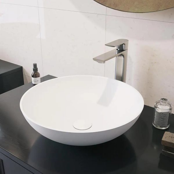 VG04015 Matte Stone Lotus Composite Round Vessel Bathroom Sink, White