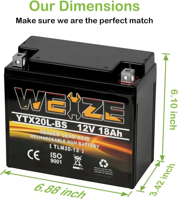 Weize YTX20L-BS High Performance Power Sports- Maintenance Free   Sealed AGM Battery ETX20L BS For Motorcycle ATV UTV snowmobile - Image 2