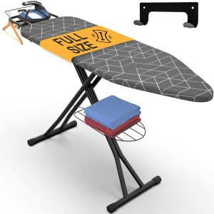 Xabitat Full Size Ironing Board 57  X 15  W/Wall Mount Hanger | Full Metal Construction| Built in Iron Caddy | Heat   Scorch Resistant Fabric | Cord Holder | Anti-Skid Feet | Heavy Duty| Easy to Fold, Gray/Black