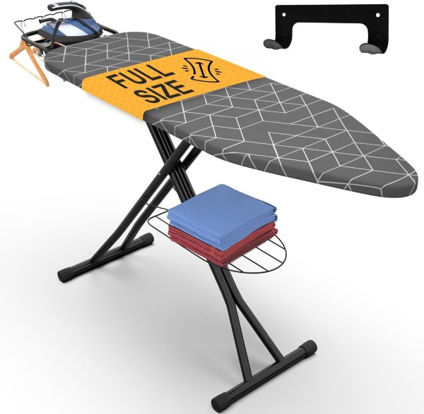 Xabitat Full Size Ironing Board 57  X 15  W/Wall Mount Hanger | Full Metal Construction| Built in Iron Caddy | Heat   Scorch Resistant Fabric | Cord Holder | Anti-Skid Feet | Heavy Duty| Easy to Fold, Gray/Black