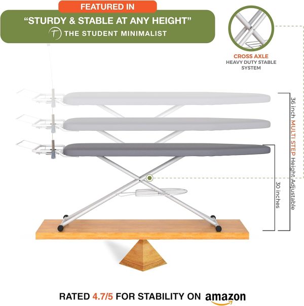 Xabitat Full Size Ironing Board 57  X 15  W/Wall Mount Hanger | Full Metal Construction| Built in Iron Caddy | Heat   Scorch Resistant Fabric | Cord Holder | Anti-Skid Feet | Heavy Duty| Easy to Fold, Gray/Black - Image 2