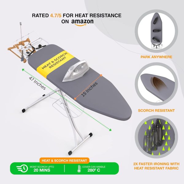 Xabitat Full Size Ironing Board 57  X 15  W/Wall Mount Hanger | Full Metal Construction| Built in Iron Caddy | Heat   Scorch Resistant Fabric | Cord Holder | Anti-Skid Feet | Heavy Duty| Easy to Fold, Gray/Black - Image 3