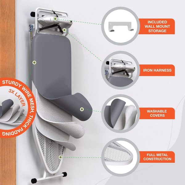 Xabitat Full Size Ironing Board 57  X 15  W/Wall Mount Hanger | Full Metal Construction| Built in Iron Caddy | Heat   Scorch Resistant Fabric | Cord Holder | Anti-Skid Feet | Heavy Duty| Easy to Fold, Gray/Black - Image 4