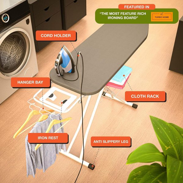 Xabitat Full Size Ironing Board 57  X 15  W/Wall Mount Hanger | Full Metal Construction| Built in Iron Caddy | Heat   Scorch Resistant Fabric | Cord Holder | Anti-Skid Feet | Heavy Duty| Easy to Fold, Gray/Black - Image 5