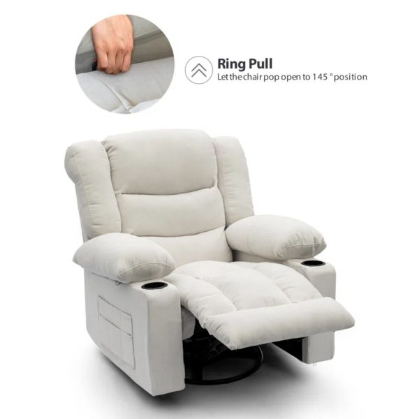 36.6  Wide Super Soft and Oversize Chenille Manual Swivel Rocker Heating Massage Recliner Chair with Cupholders for Living Room, Bedroom, Beige - Image 3