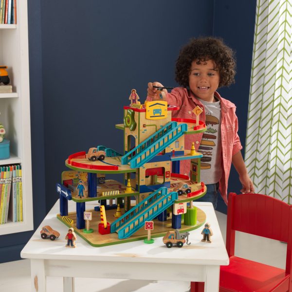 Wash N Go Wooden Car Garage Playset with 19 Accessories and Moving Elevator - Image 4
