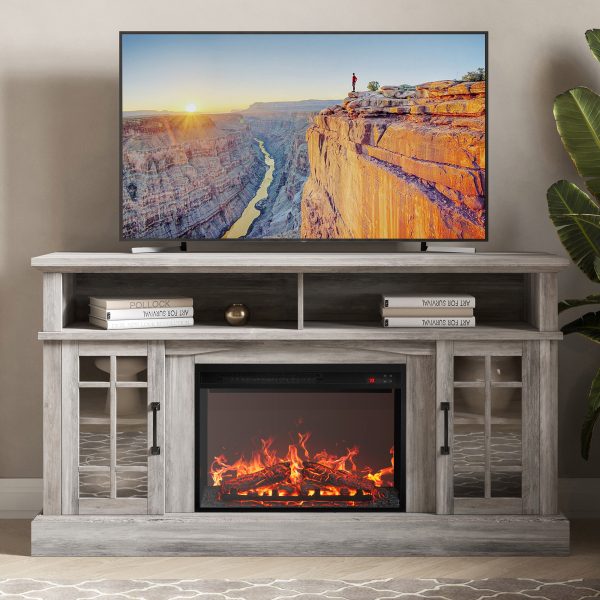 58  TV Stand with 23  Electric Fireplace, Fireplace TV Console for TVs up to 65 , Home Entertainment Center with Storage Cabinet and Adjustable Shelves   Astorga (Gray Wash) - Image 2