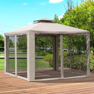 10’ x 10’ Steel Fabric 2.95m /9.7  Outdoor Patio Gazebo Pavilion Canopy Tent Steel 2-tier Roof   Taupe