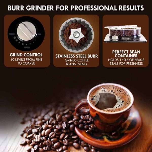 Elite Grind and Brew black 12- Cup Coffee Maker with Burr Grinder, Programmable Automatic Timer Brew - Image 7
