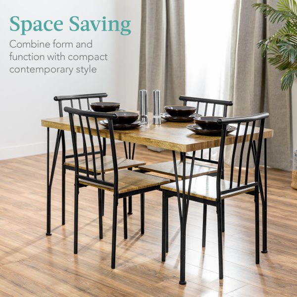 5-Piece Indoor Modern Metal Wood Rectangular Dining Table Furniture Set w/ 4 Chairs   Brown - Image 2