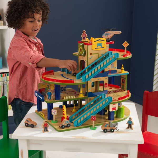 Wash N Go Wooden Car Garage Playset with 19 Accessories and Moving Elevator - Image 3