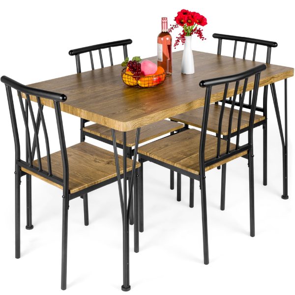 5-Piece Indoor Modern Metal Wood Rectangular Dining Table Furniture Set w/ 4 Chairs   Brown