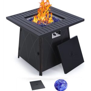 MF Studio 28  50000 BTU Propane Gas Fire Pit Table with Lid and Blue Fire Glass Black