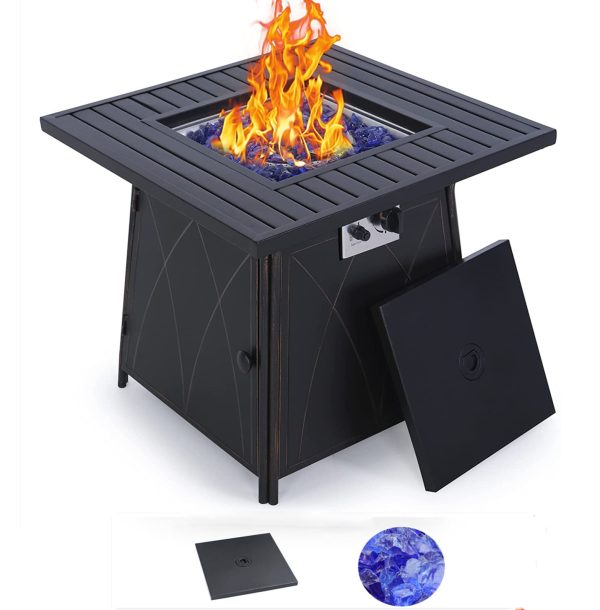 MF Studio 28  50000 BTU Propane Gas Fire Pit Table with Lid and Blue Fire Glass Black