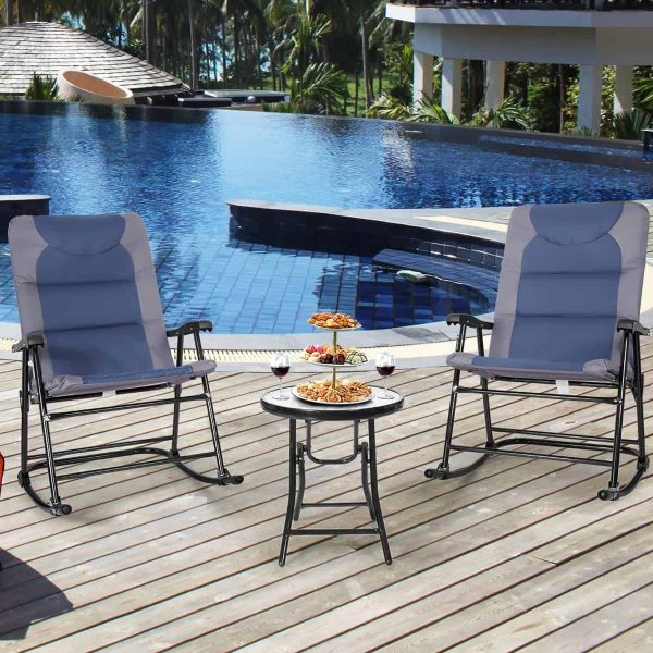 3PCS Folding Bistro Set Rocking Chair Cushioned Table Garden Blue - Image 3