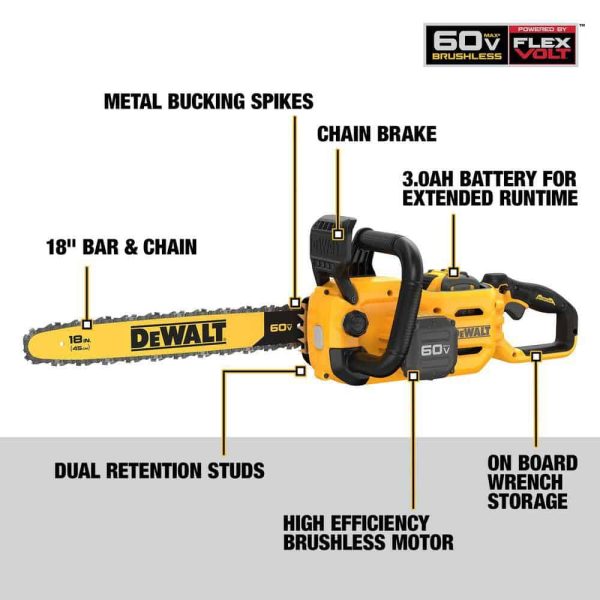 FLEXVOLT 60V MAX 18 in. Brushless Cordless Battery Powered Chainsaw Kit with (1) FLEXVOLT 3 Ah Battery   Charger - Image 2