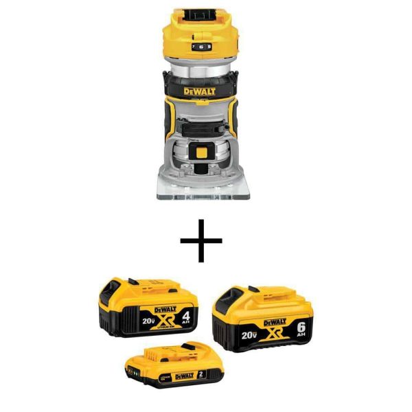 20V MAX XR Cordless Compact Fixed Base Router, (1) 20V 6.0Ah Battery, (1) 20V 4.0Ah Battery, and (1) 2.0Ah Battery