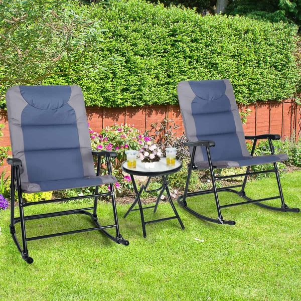 3PCS Folding Bistro Set Rocking Chair Cushioned Table Garden Blue - Image 4