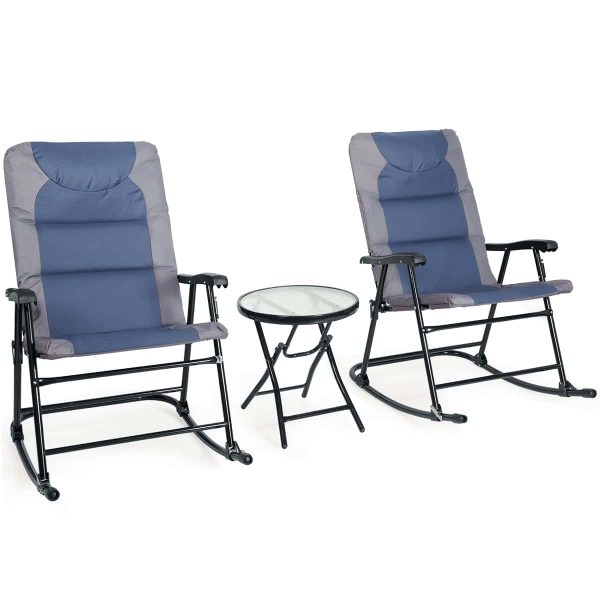3PCS Folding Bistro Set Rocking Chair Cushioned Table Garden Blue - Image 10