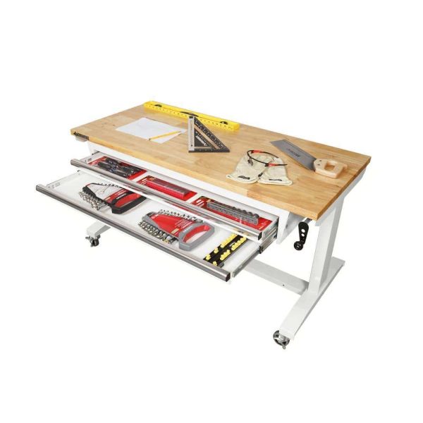 52 in. W x 24 in. D Steel 2-Drawer Adjustable Height Solid Wood Top Workbench Table in White - Image 6