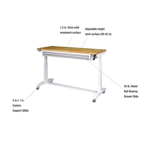 52 in. W x 24 in. D Steel 2-Drawer Adjustable Height Solid Wood Top Workbench Table in White - Image 13