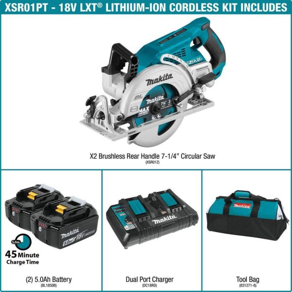 XSR01PT 18V X2 LXT 5.0Ah Lithium-Ion (36V) Brushless Cordless Rear Handle 7-1/4 in. Circular Saw Kit - Image 2