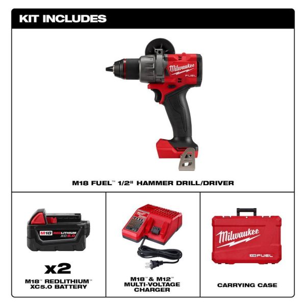 2904-22 M18 FUEL 18V Lithium-Ion Brushless Cordless 1/2 in. Hammer Drill Driver Kit with Two 5.0 Ah Batteries and Hard Case - Image 3