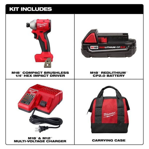 3650-21P M18 18-Volt Lithium-Ion Compact Brushless Cordless 1/4 in. Impact Driver Kit with One 2.0 Ah Battery, Charger   Tool Bag - Image 3